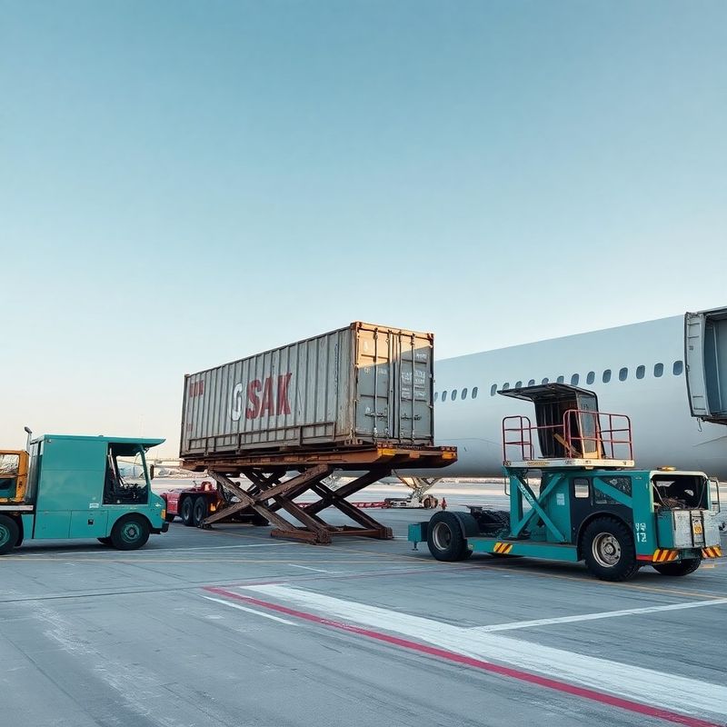 Cargo being loaded at Winnipeg airport with teal-accented ground equipment