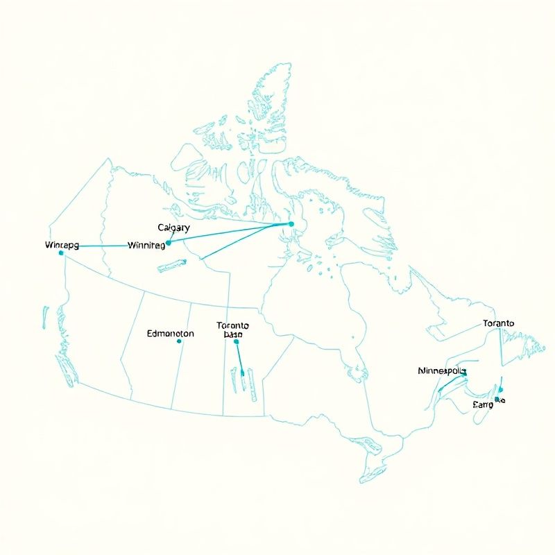 Illustrated map of Canada showing Vividvforge route lines connecting Winnipeg to Calgary, Edmonton, Toronto, and Minneapolis