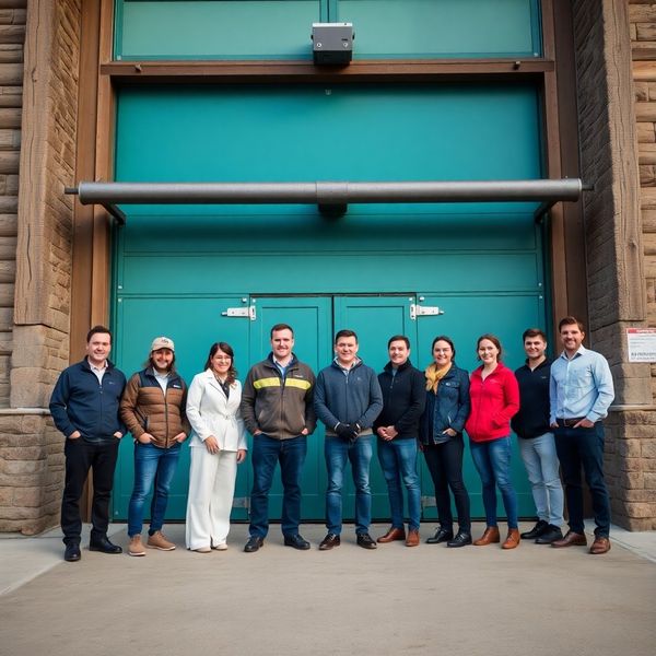 The Vividvforge team photographed in front of the Winnipeg warehouse entrance